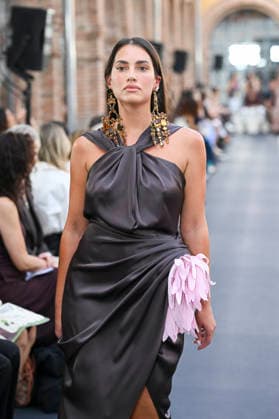 September 17, 2026, Madrid, Spain: A model parades with Isabel Sanchis design during the Mercedes Benz Fashion Week Madrid at Cibeles Palace in Madrid. Madrid Spain  - ZUMAs197 20260917_aaa_s197_360 Copyright: xAtilanoxGarciax