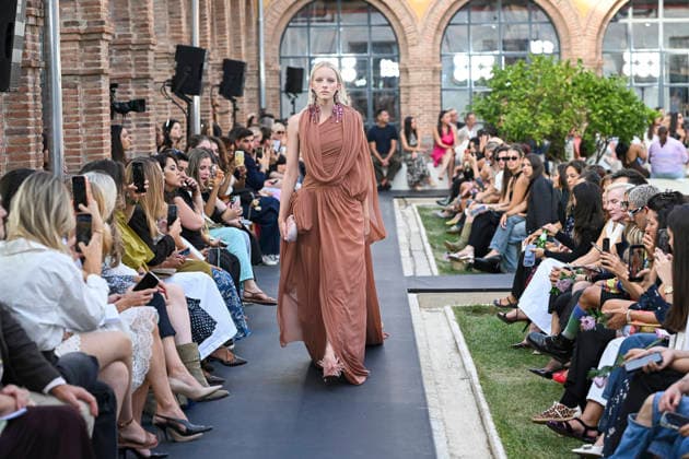 September 17, 2026, Madrid, Spain: A model parades with Isabel Sanchis design during the Mercedes Benz Fashion Week Madrid at Cibeles Palace in Madrid. Madrid Spain  - ZUMAs197 20260917_aaa_s197_363 Copyright: xAtilanoxGarciax