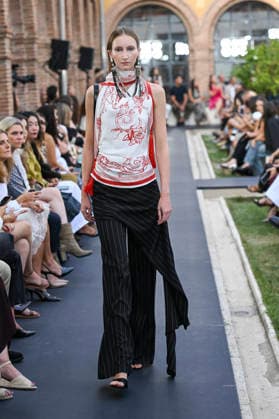 September 17, 2026, Madrid, Spain: A model parades with Isabel Sanchis design during the Mercedes Benz Fashion Week Madrid at Cibeles Palace in Madrid. Madrid Spain  - ZUMAs197 20260917_aaa_s197_368 Copyright: xAtilanoxGarciax