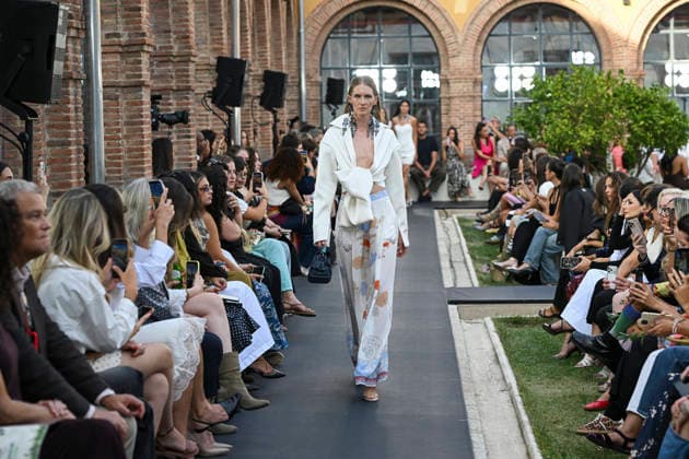 September 17, 2026, Madrid, Spain: A model parades with Isabel Sanchis design during the Mercedes Benz Fashion Week Madrid at Cibeles Palace in Madrid. Madrid Spain  - ZUMAs197 20260917_aaa_s197_381 Copyright: xAtilanoxGarciax