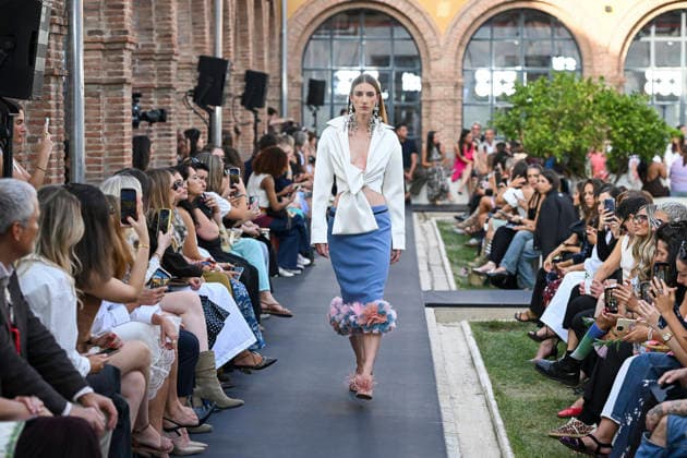 September 17, 2026, Madrid, Spain: A model parades with Isabel Sanchis design during the Mercedes Benz Fashion Week Madrid at Cibeles Palace in Madrid. Madrid Spain  - ZUMAs197 20260917_aaa_s197_383 Copyright: xAtilanoxGarciax