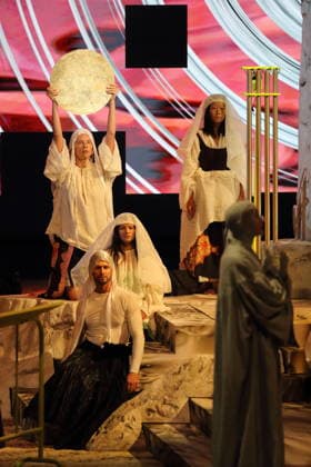 Tarren Johnson, Dominic Santia, Ixchel Mendoza Hernandez, and Laurie Young, from left to right, during the photo shoot for *Mittwoch aus Licht* at the Deutsche Oper in Berlin, September 17, 2026. Opera by Karlheinz Stockhausen. Musical direction by Maxime Pascal. Directed by Susanne Kennedy. Set design by Markus Selg. Costume design by Andra Du