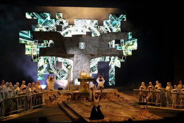 The ensemble during the photo rehearsal for *Wednesday of Light* at the Deutsche Oper in Berlin, September 17, 2026. Opera by Karlheinz Stockhausen. Musical Director: Maxime Pascal. Director: Susanne Kennedy. Set Design: Markus Selg. Costume Design: Andra Dumitrascu. The premiere is on September 19, 2026. Deutsche Oper Berlin. *Wednesday of Light*