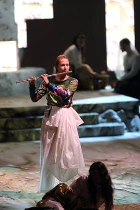 Charlotte Bletton on flute during the photo rehearsal for *Mittwoch aus Licht* at the Deutsche Oper in Berlin, September 17, 2026. Opera by Karlheinz Stockhausen. Musical direction by Maxime Pascal. Directed by Susanne Kennedy. Set design by Markus Selg. Costume design by Andra Dumitrascu. The premiere is on September 19, 2026, at the Deutsche Oper Berlin. *Mittwoch aus Licht*