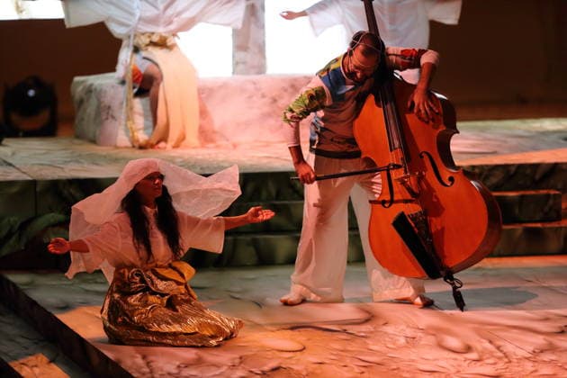 Ixchel Mendoza Hernandez and Kevin Garcon on double bass during the photo shoot for *Mittwoch aus Licht* at the Deutsche Oper in Berlin, September 17, 2026 Opera by Karlheinz Stockhausen Conductor: Maxime Pascal Director: Susanne Kennedy Set Design: Markus Selg Costume Design: Andra Dumitrascu Premiere: September 19, 2026 Deutsche Oper Berlin *Wednesday of Light*