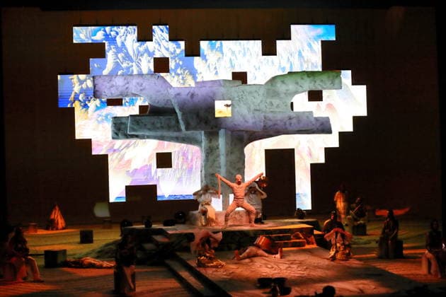 The ensemble during the photo rehearsal for *Wednesday of Light* at the Deutsche Oper in Berlin, September 17, 2026. Opera by Karlheinz Stockhausen. Conductor: Maxime Pascal. Director: Susanne Kennedy. Set design: Markus Selg. Costume design: Andra Dumitrascu. The premiere is on September 19, 2026. Deutsche Oper Berlin. *Wednesday of Light*