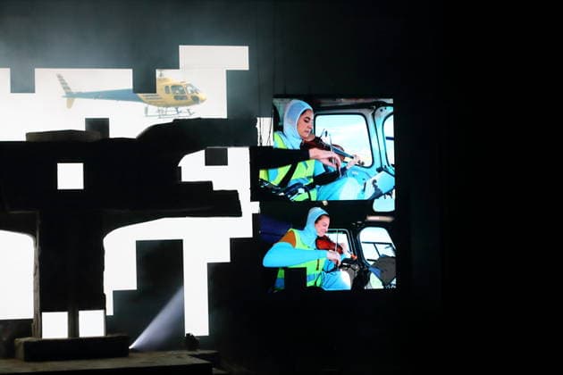 Monia Rizkallah (top), second violin, and Anna Matz (bottom), first violin, during the photo rehearsal for *Mittwoch aus Licht* at the Deutsche Oper in Berlin, September 17, 2026. Opera by Karlheinz Stockhausen. Musical direction by Maxime Pascal. Directed by Susanne Kennedy. Set design by Markus Selg. Costume design by Andra Dumitrascu. Premiere on September