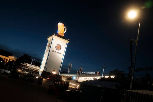 Paulaner Festzelt on the evening of the Thursday before the start of Oktoberfest (Wiesn), Munich, August 17, 2026