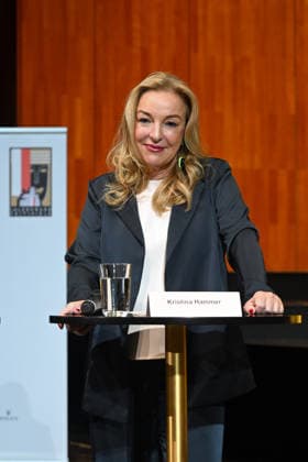 Press conference to introduce the designated artistic director of the Salzburg Festival at the Grosses Festspielhaus in Salzburg, photographed on September 18, 2026. The photo shows the president of the Salzburg Festival, Kristina Hammer, who was recently re-elected to her position for several more years, 2026 Pr