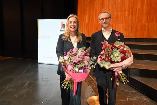 Press conference to introduce the designated artistic director of the Salzburg Festival at the Großes Festspielhaus in Salzburg, photographed on September 18, 2026. The photo shows the president of the Salzburg Festival, Kristina Hammer with the de