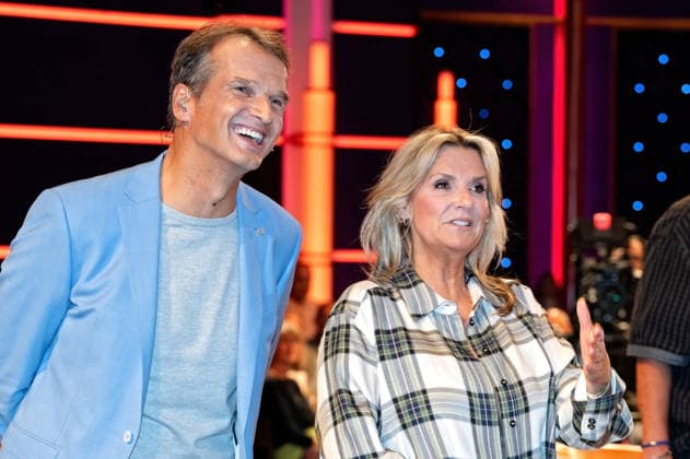 MDR Riverboat hosts Klaus Brinkbäumer and Kim Fisher during the taping of the MDR talk show Riverboat on September 18, 2026, at Mediacity Leipzig 20260918ADO0020