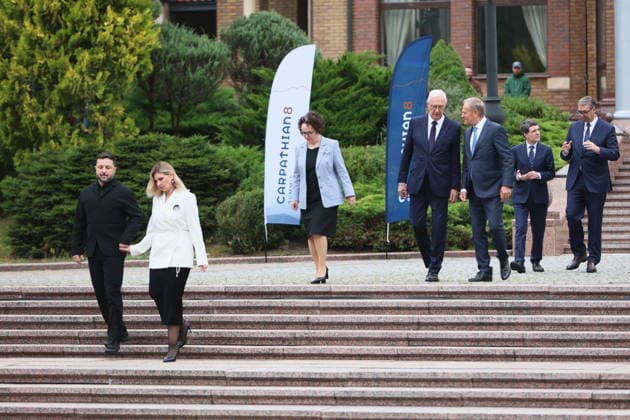 President of Ukraine Volodymyr Zelenskyy, First Lady of Ukraine Olena Zelenska, President of the Federal Council of Austria Christine Schwarz-Fuchs, First Vice-President of the Senate of the Czech Republic Jiri Drahos, Prime Minister of Poland Donald Tusk, President of Romania Nicusor Dan, and President of Serbia Aleksandar Vucic (left to right) attend the Carpathian 8 Summit in Ivano-Frankivsk region, Ukraine, September 18, 2026. On this day, President of Ukraine Volodymyr Zelenskyy announced the launch of a new format - the Carpathian Eight (C8) - comprising Austria, the Czech Republic, Hungary, Poland, Romania, Serbia, Slovakia, and Ukraine. (Photo by Yurii Rylchuk Ukrinform) Carpathian 8 Summit in western Ukraine Copyright: xYuriixRylchukx