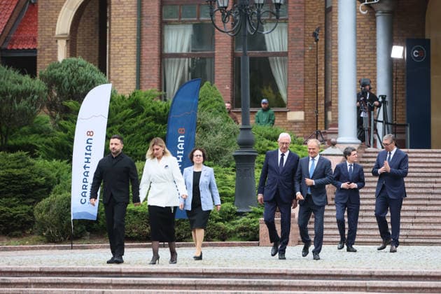 President of Ukraine Volodymyr Zelenskyy, First Lady of Ukraine Olena Zelenska, President of the Federal Council of Austria Christine Schwarz-Fuchs, First Vice-President of the Senate of the Czech Republic Jiri Drahos, Prime Minister of Poland Donald Tusk, President of Romania Nicusor Dan, and President of Serbia Aleksandar Vucic (left to right) attend the Carpathian 8 Summit in Ivano-Frankivsk region, Ukraine, September 18, 2026. On this day, President of Ukraine Volodymyr Zelenskyy announced the launch of a new format - the Carpathian Eight (C8) - comprising Austria, the Czech Republic, Hungary, Poland, Romania, Serbia, Slovakia, and Ukraine. (Photo by Yurii Rylchuk Ukrinform) Carpathian 8 Summit in western Ukraine Copyright: xYuriixRylchukx
