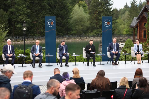 First Vice-President of the Senate of the Czech Republic Jiri Drahos, Prime Minister of Poland Donald Tusk, President of Romania Nicusor Dan, President of Ukraine Volodymyr Zelenskyy, President of Serbia Aleksandar Vucic, and President of the Federal Council of Austria Christine Schwarz-Fuchs (left to right) participate in a news conference during the Carpathian 8 Summit in Ivano-Frankivsk region, Ukraine, September 18, 2026. On this day, President of Ukraine Volodymyr Zelenskyy announced the launch of a new format - the Carpathian Eight (C8) - comprising Austria, the Czech Republic, Hungary, Poland, Romania, Serbia, Slovakia, and Ukraine. (Photo by Yurii Rylchuk Ukrinform) Carpathian 8 Summit in western Ukraine Copyright: xYuriixRylchukx
