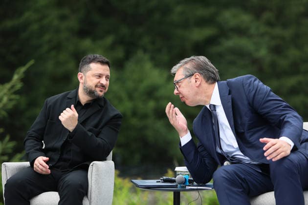 President of Ukraine Volodymyr Zelenskyy (left) and President of Serbia Aleksandar Vucic talk during a news conference at the Carpathian 8 Summit in Ivano-Frankivsk region, Ukraine, September 18, 2026. On this day, President of Ukraine Volodymyr Zelenskyy announced the launch of a new format - the Carpathian Eight (C8) - comprising Austria, the Czech Republic, Hungary, Poland, Romania, Serbia, Slovakia, and Ukraine. (Photo by Yurii Rylchuk Ukrinform) Carpathian 8 Summit in western Ukraine Copyright: xYuriixRylchukx