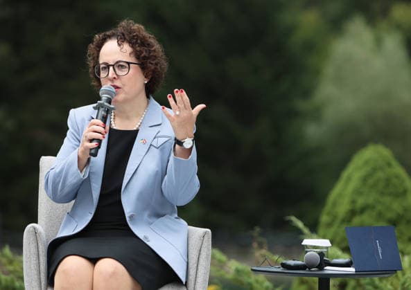 President of the Federal Council of Austria Christine Schwarz-Fuchs attends a news conference during the Carpathian 8 Summit in Ivano-Frankivsk region, Ukraine, September 18, 2026. On this day, President of Ukraine Volodymyr Zelenskyy announced the launch of a new format - the Carpathian Eight (C8) - comprising Austria, the Czech Republic, Hungary, Poland, Romania, Serbia, Slovakia, and Ukraine. (Photo by Yurii Rylchuk Ukrinform) Carpathian 8 Summit in western Ukraine Copyright: xYuriixRylchukx