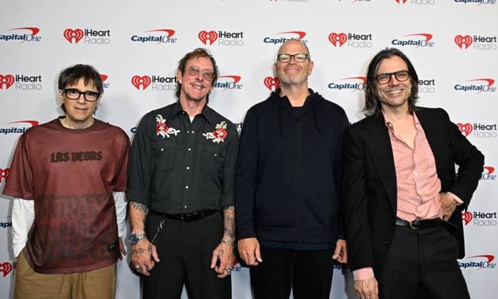 iHeartRadio Music Festival, night 1 Arrivals for the iHeartRadio Music Festival, night 1 at T-Mobile arena. 18 Sep 2026 Pictured: (L-R) Rivers Cuomo, Scott Shriner, Patrick Wilson and Brian Bell of Weezer.  Copyright: xThexMegaxAgencyxMBS MEGAx