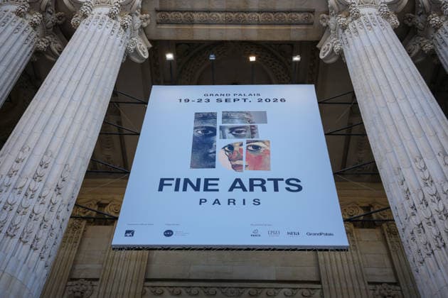 (260919) -- PARIS, Sept. 19, 2026 -- A poster of Fine Arts Paris is pictured during a press tour at the Grand Palais in Paris, France, Sept. 18, 2026. Fine Arts Paris, formerly FAB Paris, opens to the public from Sept. 19 to 23, bringing together leading galleries and collectors from France and around the world. (Photo by Xinhua) FRANCE-PARIS-FINE ARTS PARIS AurelienxMorissard 