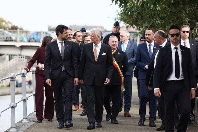 Walloon Minister President Adrien Dolimont; King Philippe - Filip of Belgium; Namur province governor Denis Mathen; Flemish Minister-President Matthias Diependaele and Vice-prime minister and Minister of Foreign Affairs Maxime Prevot pictured during the FÃªtes de Wallonie (Wallonia feasts) celebrations, on Saturday 19 September 2026 in Namur.  BRUNOxFAHY 186977098