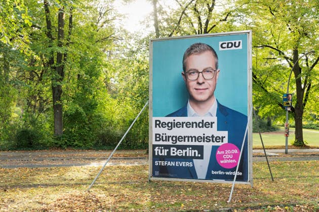 Berlin, September 19, 2026, Election poster from the Berlin CDU featuring Stefan Evers for the upcoming election to the House of Representatives on September 20, 2026