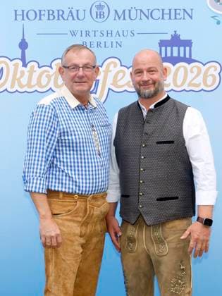 Bernd Siggelkow and Björn Schwarz at the Oktoberfest midday tapping ceremony at the Hofbräuhaus Berlin with Pastor Bernd Siggelhow
