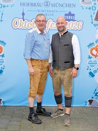 Bernd Siggelkow and Björn Schwarz at the Oktoberfest midday tapping ceremony at the Hofbräuhaus Berlin with Pastor Bernd Siggelhow