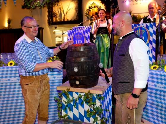 Bernd Siggelkow and Björn Schwarz at the keg-tapping ceremony during the Oktoberfest lunchtime tapping at the Hofbräuhaus Berlin with Pastor Bernd Siggelhow