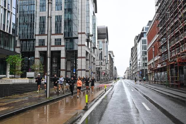 Runners pictured during a car free Sunday, in Brussels, Sunday 20 September 2026. Across the country, Brussels and cities in Flanders and the Walloon region hold Car Free Sunday during the Mobility Week (Week van de mobiliteit - Semaine de la Mobilite) and organise activities to focus on other modes of transport.  EMILExWINDAL 187112432