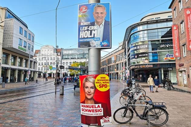 Schwerin, Mecklenburg-Western Pomerania, Germany, September 20, 2026 State election in Mecklenburg-Western Pomerania in 2026 Campaign posters for the 2026 state election featuring Leif Erik Holm (AfD) and Manuela Schwesig (SPD) Copyright: xdtsxNachrichtenagenturx dts_135337