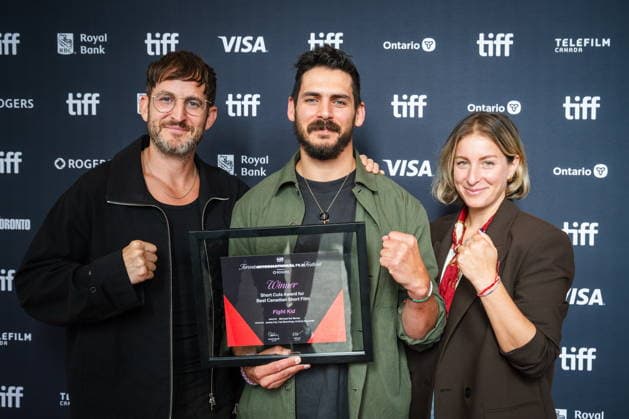 September 20, 2026, Toronto, On, Canada: Mark Bone, left to right, Michael Del Monte and Jackie Pal hold their award for Best Canadian Short Film for Fight Kid after the TIFF Awards at the Toronto International Film Festival in Toronto, on Sunday, Sept. 20, 2026. Toronto Canada  - ZUMAc35_ 20260920_zaf_c35_060 Copyright: xLauraxProctorx