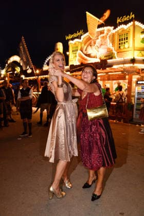 Verena Kerth and Claudia Obert during the 2026 Oktoberfest in front of the Almauftrieb at Theresienwiese on September 20, 2026, in Munich, Germany; Oktoberfest: the Almauftrieb at Theresienwiese in Munich, Germany