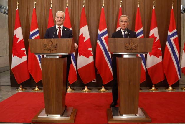 September 20, 2026, Ottawa, On, CANADA: Prime Minister Mark Carney, right, and Prime Minister of Norway Jonas Gahr Store listen to a question at a joint news conference on Parliament Hill in Ottawa on Sunday, Sept. 20, 2026. Ottawa CANADA  - ZUMAc35_ 20260920_zaf_c35_228 Copyright: xPatrickxDoylex