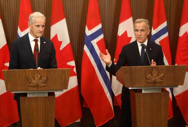September 20, 2026, Ottawa, On, CANADA: Prime Minister Mark Carney, right, and Prime Minister of Norway Jonas Gahr Store speak at a joint news conference on Parliament Hill in Ottawa on Sunday, Sept. 20, 2026. Ottawa CANADA  - ZUMAc35_ 20260920_zaf_c35_231 Copyright: xPatrickxDoylex