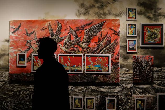 September 20, 2026, Surabaya, East Java, Indonesia: Visitors observe contemporary artworks at the ArtSubs 2026 exhibition at Balai Pemuda, Surabaya, East Java, Indonesia, on September 20, 2026. Titled border, threshold, beyond, the art exhibition features 500 works by 113 artists from across Indonesia, serving as a response to the public s need for a space of contemplation, reflection, and entertainment. Surabaya Indonesia - ZUMAp290 20260920_zip_p290_020 Copyright: xRendyxAgungxPrakosox