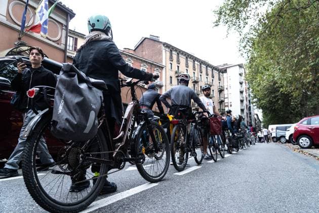 September 23, 2026, Turin, To, Italy: A human bike path to raise awareness about cycling deaths and accidents. Yesterday, Tuesday, September 22, a seven-year-old boy died while cycling to school. Turin, September 23, 2026. Turin Italy  - ZUMAa289 20260923_zia_a289_024 Copyright: xSelenexDanielex xAgfx