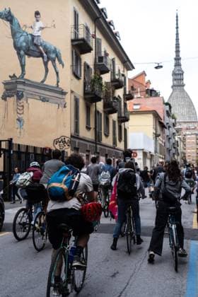 September 23, 2026, Turin, To, Italy: A human bike path to raise awareness about cycling deaths and accidents. Yesterday, Tuesday, September 22, a seven-year-old boy died while cycling to school. Turin, September 23, 2026. Turin Italy  - ZUMAa289 20260923_zia_a289_027 Copyright: xSelenexDanielex xAgfx