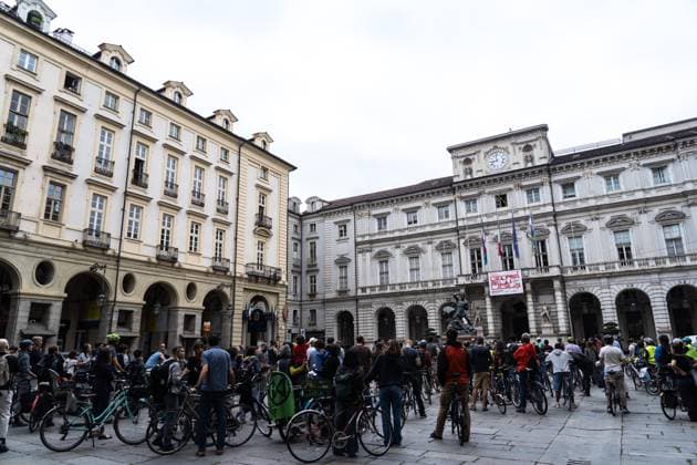 September 23, 2026, Turin, To, Italy: A human bike path to raise awareness about cycling deaths and accidents. Yesterday, Tuesday, September 22, a seven-year-old boy died while cycling to school. Turin, September 23, 2026. Turin Italy  - ZUMAa289 20260923_zia_a289_031 Copyright: xSelenexDanielex xAgfx