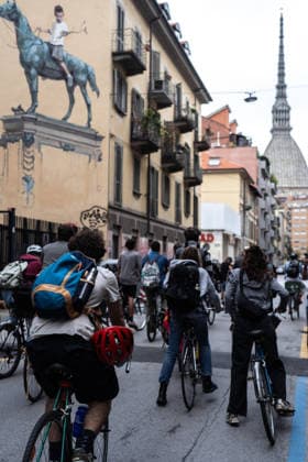 September 23, 2026, Turin, To, Italy: A human bike path to raise awareness about cycling deaths and accidents. Yesterday, Tuesday, September 22, a seven-year-old boy died while cycling to school. Turin, September 23, 2026. Turin Italy  - ZUMAa289 20260923_zia_a289_032 Copyright: xSelenexDanielex xAgfx