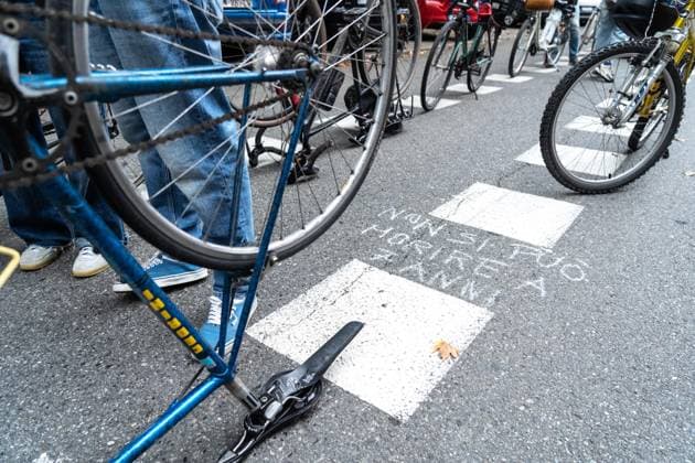 September 23, 2026, Turin, To, Italy: A human bike path to raise awareness about cycling deaths and accidents. Yesterday, Tuesday, September 22, a seven-year-old boy died while cycling to school. Turin, September 23, 2026. Turin Italy  - ZUMAa289 20260923_zia_a289_039 Copyright: xSelenexDanielex xAgfx