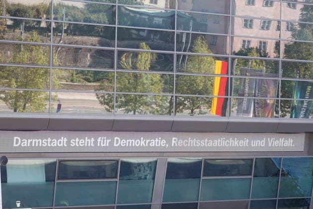 Reichsbürger Rally, September 26, 2026: Participants in the Reichsbürger rally intend to march through downtown Darmstadt carrying flags and historical symbols, despite counter-demonstrations and restrictions. Here, lettering on the Darmstadtium in Darmstadt, Hesse, Germany.