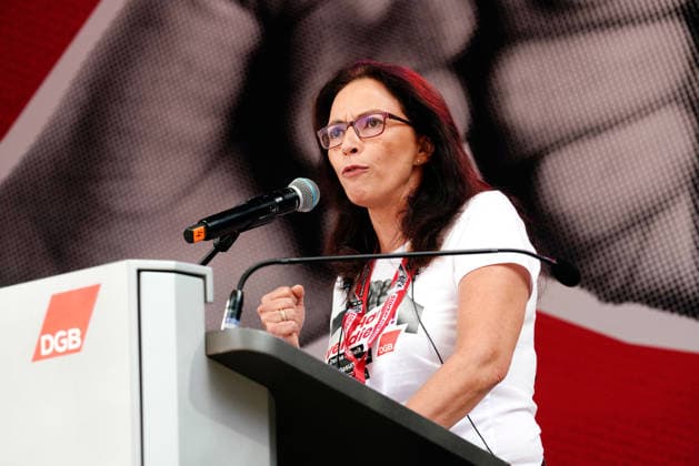 Yasmin Fahimi, chairwoman of the German Trade Union Federation (DGB), photo taken on September 26, 2026, is advocating for reforms in Germany Copyright: epd-bild FriedrichxStark epd-DBG_Demo_Essen1 - Kopieren