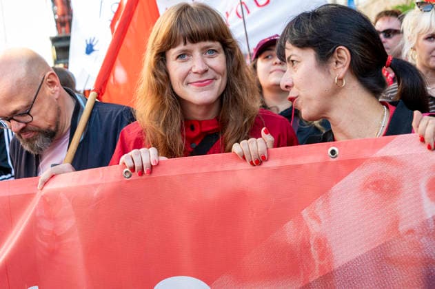 Kerstin Wolter, Elif Eralp, Ines Schwerdtner, EUR, Germany, Berlin, September 26, 2026 Kerstin Wolter, Elif Eralp, Ines Schwerdtner Die Linke Party bloc Nationwide social protests organized by the DGB and its member unions under the slogan You’ve Earned It: Your Work, Your Health, Your Pension