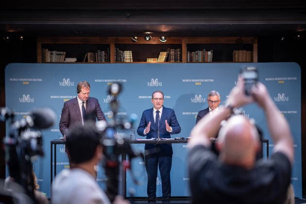Jim O’Callaghan, Minister for the Interior of the Republic of Ireland and President of the EU Council, Alexander Dobrindt, German Federal Minister of the Interior, Magnus Brunner, EU Commissioner for Home Affairs and Migration (from left) during the opening remarks at the 2nd Munich Migration Meeting—a gathering of European ministers on the implementation of the