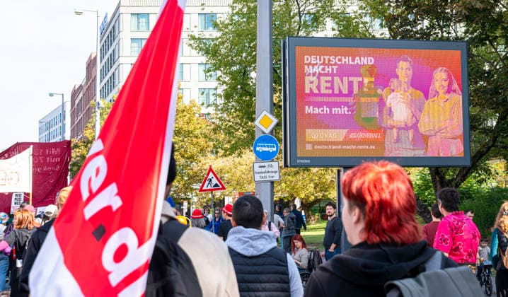Social protests organized by the DGB EUR, Germany, Berlin, September 26, 2026 There’s Enough for Everyone, and Merz Must Go —posters, banners, and slogans against the federal government’s cuts to social benefits. Cutting Social Benefits —nationwide social protests organized by the DGB and its member unions under the slogan You’ve Earned It: Your Work, Your Health, Your Pension