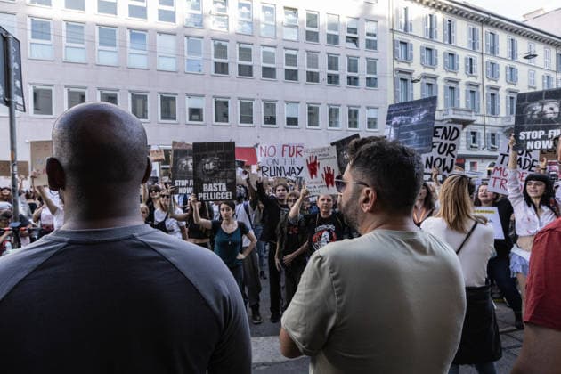 Protesters march against fur during Milan Fashion Week MILAN, ITALY - SEPTEMBER 26: Hundreds of people participate in an anti-fur march carrying protest banners and signs during Milan Fashion Week in Milan, Italy, on September 26, 2026. The initiative is part of a global campaign that has seen more than 240 demonstrations across 14 countries since its launch in January 2026. Andrea Carrubba Anadolu Milan Italy. Editorial use only. Please get in touch for any other usage.  Copyright: x2026xAnadoluxAndreaxCarrubbax