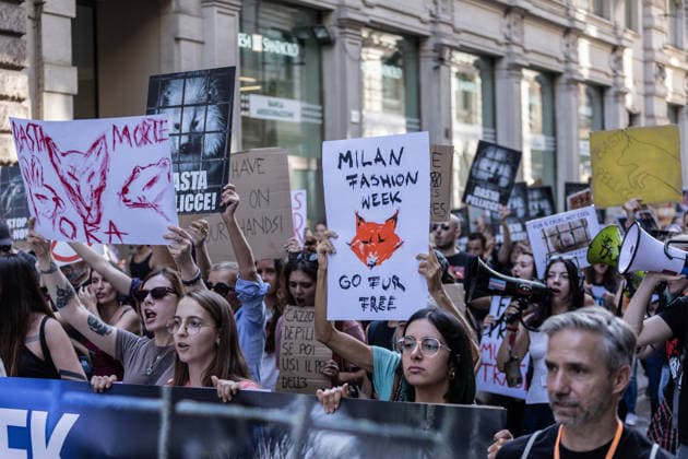 Protesters march against fur during Milan Fashion Week MILAN, ITALY - SEPTEMBER 26: Hundreds of people participate in an anti-fur march carrying protest banners and signs during Milan Fashion Week in Milan, Italy, on September 26, 2026. The initiative is part of a global campaign that has seen more than 240 demonstrations across 14 countries since its launch in January 2026. Andrea Carrubba Anadolu Milan Italy. Editorial use only. Please get in touch for any other usage.  Copyright: x2026xAnadoluxAndreaxCarrubbax