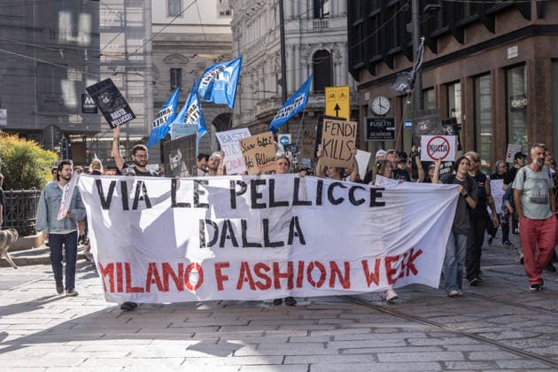 Protesters march against fur during Milan Fashion Week MILAN, ITALY - SEPTEMBER 26: Hundreds of people participate in an anti-fur march carrying protest banners and signs during Milan Fashion Week in Milan, Italy, on September 26, 2026. The initiative is part of a global campaign that has seen more than 240 demonstrations across 14 countries since its launch in January 2026. Andrea Carrubba Anadolu Milan Italy. Editorial use only. Please get in touch for any other usage.  Copyright: x2026xAnadoluxAndreaxCarrubbax