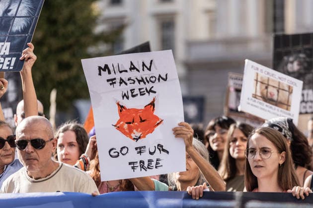 Protesters march against fur during Milan Fashion Week MILAN, ITALY - SEPTEMBER 26: Hundreds of people participate in an anti-fur march carrying protest banners and signs during Milan Fashion Week in Milan, Italy, on September 26, 2026. The initiative is part of a global campaign that has seen more than 240 demonstrations across 14 countries since its launch in January 2026. Andrea Carrubba Anadolu Milan Italy. Editorial use only. Please get in touch for any other usage.  Copyright: x2026xAnadoluxAndreaxCarrubbax