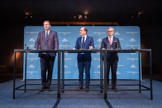 Jim O’Callaghan, Minister for the Interior of the Republic of Ireland and President of the EU Council, Alexander Dobrindt, German Federal Minister of the Interior, Magnus Brunner, EU Commissioner for Home Affairs and Migration (from left) delivering the opening remarks at the 2nd Munich Migration Meeting—a gathering of European ministers on the implementation of