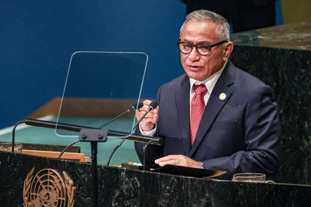 September 26, 2026, New York, New York, United States: Prime Minister of Belize JOHN BRICENO addresses the General Debate of the 81st UN General Assembly, highlighting the priorities of Belize and other Small Island Developing States, including climate vulnerability, development and climate finance, protection of oceans and biodiversity, regional security and the need for a more equitable international financial system. New York United States - ZUMAo116 20260926_znp_o116_010 Copyright: xBiancaxOterox